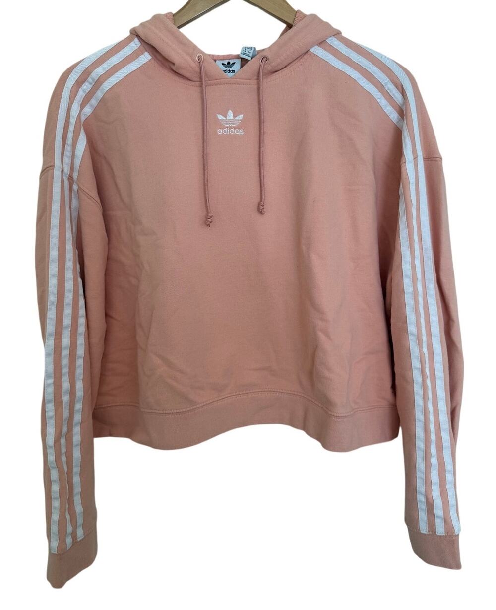 Adidas Pink Embroidered Logo 3 Stripe Cropped Hoodie Drawstring Large Athleisure